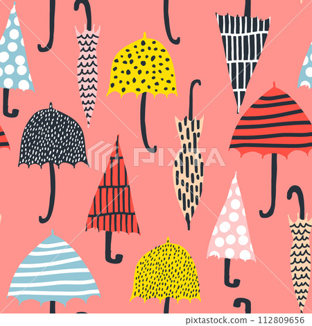 Seamless pattern with hand drawn colorful umbrellas. Childish texture. Great for fabric, textile Vector Illustration Seamless pattern with hand drawn colorful umbrellas. Childish texture. Great for fabric, textile Vector Illustration 112809656