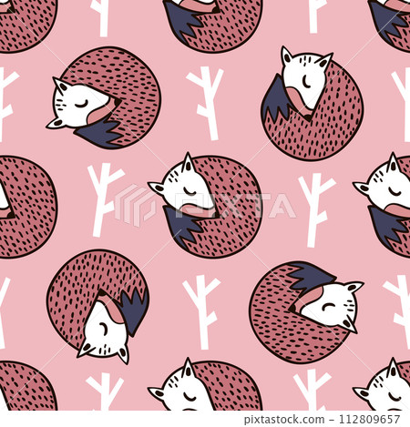 Seamless forest pattern with fox,branch and leaves.Minimalistic texture in scandinavian style.Vector background 112809657