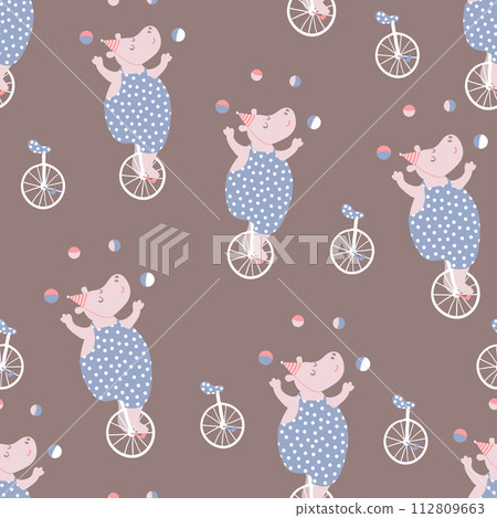Seamless pattern with hippo artists. Circus vector childish background. 112809663