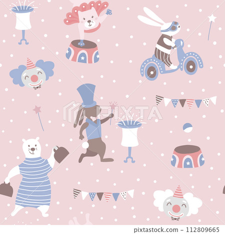 Seamless pattern with animal artists. Circus vector childish background. Seamless pattern with animal artists. Circus vector childish background. 112809665