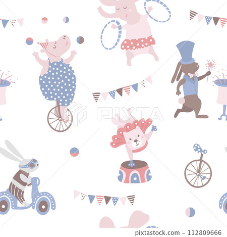 Seamless pattern with animal artists. Circus vector childish background. 112809666