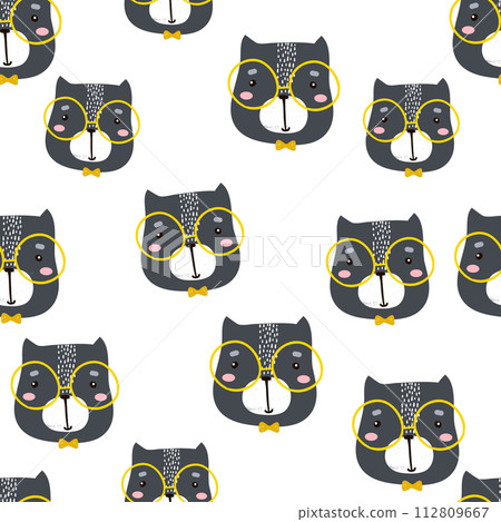 Seamless childish pattern with cute cats faces. Creative nursery background. Perfect for kids design, fabric, wrapping, wallpaper, textile, apparel 112809667