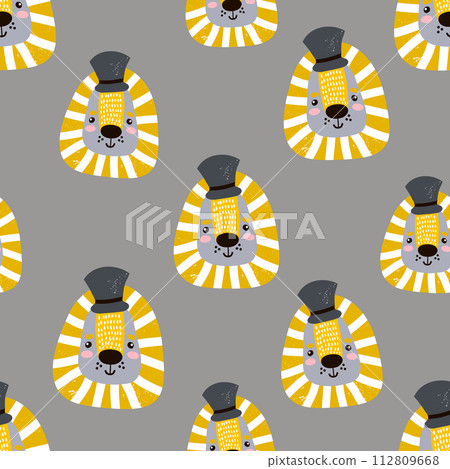 Seamless childish pattern with cute lion faces. Creative nursery background. Perfect for kids design, fabric, wrapping, wallpaper, textile, apparel 112809668