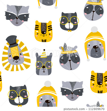 Seamless childish pattern with cute animal faces. Creative nursery background. Perfect for kids design, fabric, wrapping, wallpaper, textile, apparel Seamless childish pattern with cute animal faces. Creative nursery background. Perfect for kids design, fabric, wrapping, wallpaper, textile, apparel 112809670