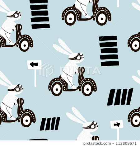 Set of four cute rabbit on scooter. Creative animal print with bunny for nursery,apparel,fabric,textile,cards. Vector Illustration Set of four cute rabbit on scooter. Creative animal print with bunny for nursery,apparel,fabric,textile,cards. Vector Illustration 112809671