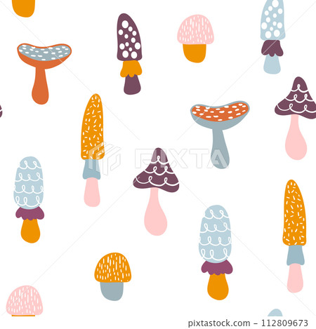 Seamless pattern with colorful mushrooms. Autumn background. Perfect for fabric,textile. Creative Vector background 112809673