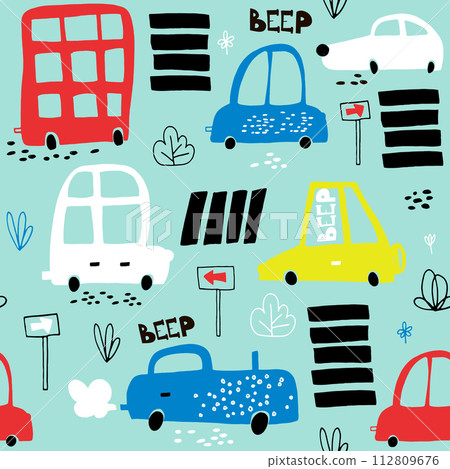 Seamless pattern with hand drawn cute car. Cartoon cars, road sign,zebra crossing vector illustration.Perfect for kids fabric,textile,nursery wallpaper Seamless pattern with hand drawn cute car. Cartoon cars, road sign,zebra crossing vector illustration.Perfect for kids fabric,textile,nursery wallpaper 112809676