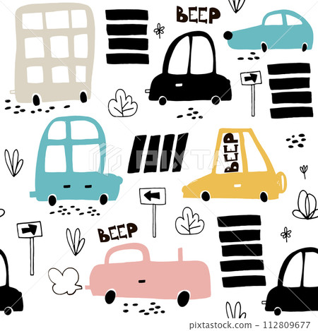 Seamless pattern with hand drawn cute car. Cartoon cars, road sign,zebra crossing vector illustration.Perfect for kids fabric,textile,nursery wallpaper Seamless pattern with hand drawn cute car. Cartoon cars, road sign,zebra crossing vector illustration.Perfect for kids fabric,textile,nursery wallpaper 112809677