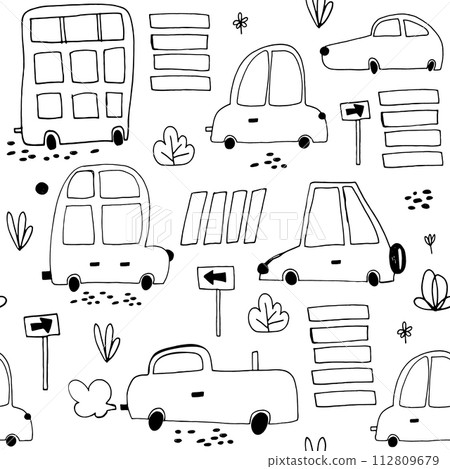 Seamless pattern with hand drawn cute car. Cartoon cars, road sign,zebra crossing vector illustration.Perfect for kids fabric,textile,nursery wallpaper Seamless pattern with hand drawn cute car. Cartoon cars, road sign,zebra crossing vector illustration.Perfect for kids fabric,textile,nursery wallpaper 112809679