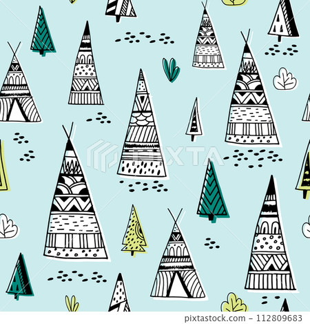 Tribal indian wigwam pattern. Doodle childish minimalist background.Vector Illustration Tribal indian wigwam pattern. Doodle childish minimalist background.Vector Illustration 112809683