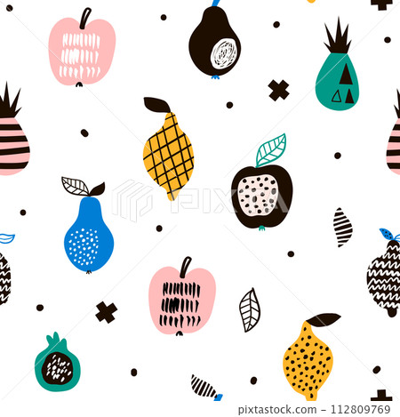 Seamless pattern with creative modern fruits. Hand drawn trendy background. Great for fabric and textile. Vector Illustration 112809769