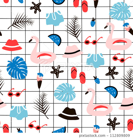 Seamless pattern with summer elements. Creative vector texture with palm tree,flamingo swimming circle,hat,sunglasses Seamless pattern with summer elements. Creative vector texture with palm tree,flamingo swimming circle,hat,sunglasses 112809809