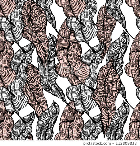 Seamless pattern with hand drawn tropical leaves. Trendy palm branches. Vector illustration 112809838