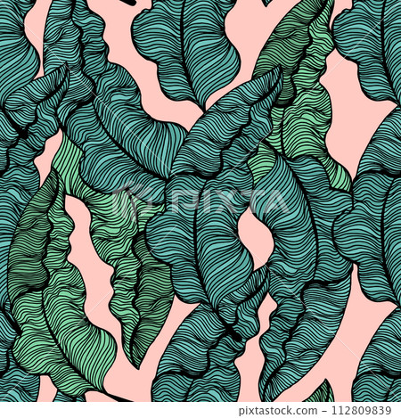 Seamless pattern with hand drawn tropical leaves. Trendy palm branches. Vector illustration Seamless pattern with hand drawn tropical leaves. Trendy palm branches. Vector illustration 112809839