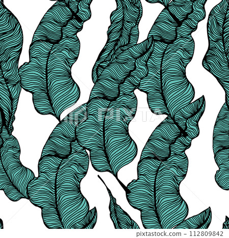 Seamless pattern with hand drawn tropical leaves. Trendy palm branches. Vector illustration 112809842