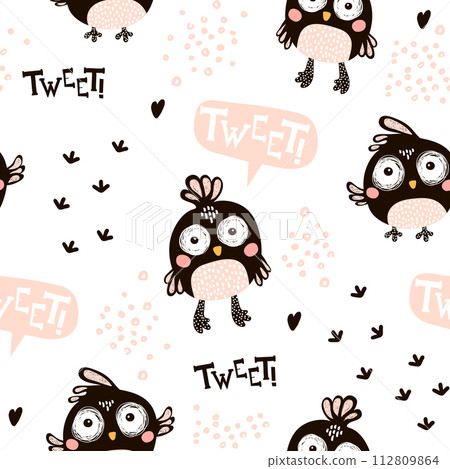 Seamless pattern with cartoon birds in scandinavian style. Creative vector childish background for fabric, textile 112809864