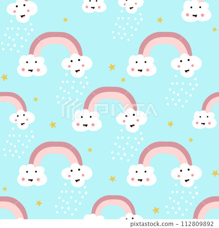 Seamless pattern with rainbow and happy clouds. Childish vector texture for fabric, textile. 112809892