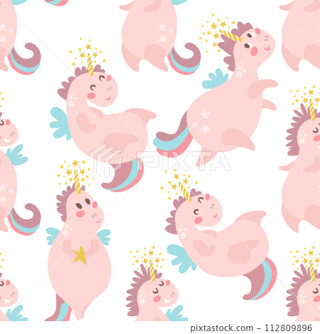 Cute seamless pattern with fairy unicorns.Childish texture for fabric, textile. Scandinavian style. Vector Illustration 112809896