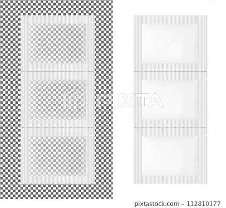 Transparent empty plastic packaging. Foil or paper sachet for food or medicines 112810177