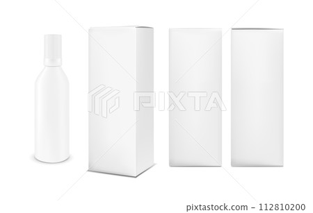 Plastic or metal white bottle with cap. Vertical paper box 112810200