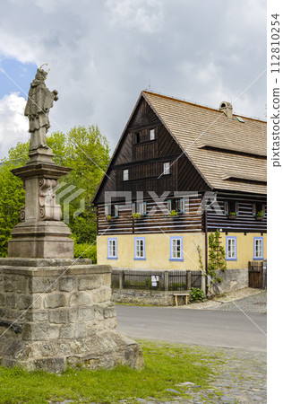 Half-timbered house, folk architecture in Zubrnice, North Bohemia, Czech Republic Half-timbered house, folk architecture in Zubrnice, North Bohemia, Czech Republic 112810254