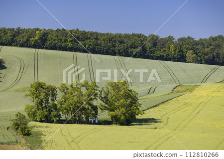 Landscape with chapel of St. Barborkas near Strazovice, Southern Moravia, Czech Republic 112810266