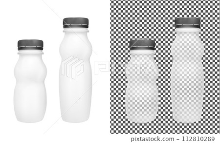 Transparent empty plastic bottle for yogurt. Packaging for sour cream, sauce and snack Transparent empty plastic bottle for yogurt. Packaging for sour cream, sauce and snack 112810289