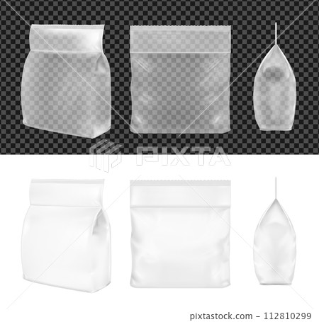 Transparent blank plastic or paper washing powder packaging. Sachet for bread, coffee, sweets, cookies and gift 112810299