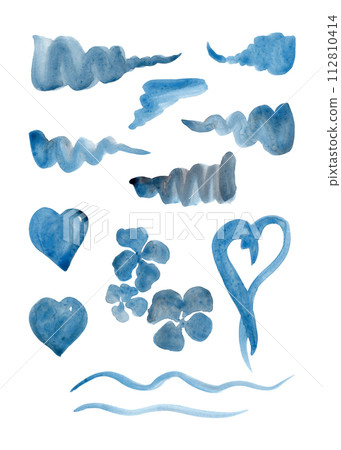 Hearts, strokes and flowers in blue tones. Set of watercolor elements Hearts, strokes and flowers in blue tones. Set of watercolor elements 112810414