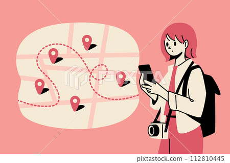 A woman thinking about the route to her destination on her smartphone A woman thinking about the route to her destination on her smartphone 112810445