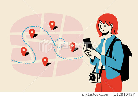 A woman thinking about the route to her destination on her smartphone A woman thinking about the route to her destination on her smartphone 112810457