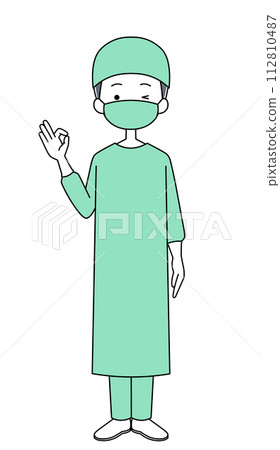 Okay sign Illustration of a surgeon (surgical gown) (female) Okay sign Illustration of a surgeon (surgical gown) (female) 112810487