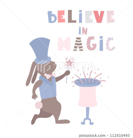 Cartoon bunny magician. Rabbit wizart circus artist. Greeting background. Vector Illustrtion 112810493