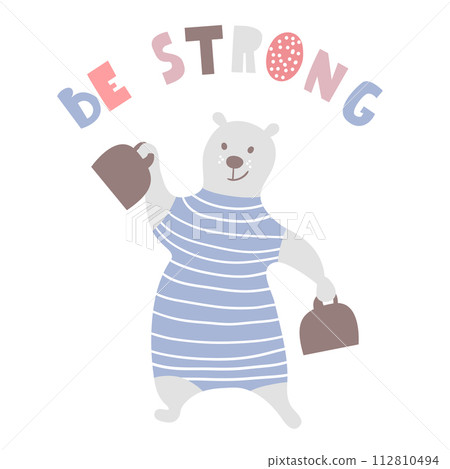 Cartoon bear strongman . Bear circus artist. Greeting background. Vector Illustrtion 112810494