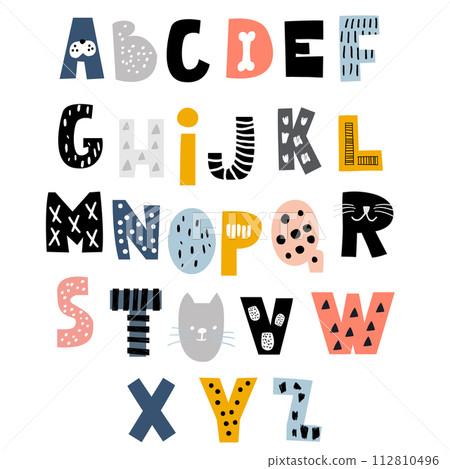 Decorative alphabet in animal style. Creative Kids font. Great for education, home decor. It Be used for funny t-shirt quotes,poster,cards and kids fashion prints. Vector Illustration 112810496