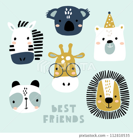 Set of cute animal faces. Creative animal print zebra, koala,bear,giraffe, panda, for nursery,apparel,cards. Vector Illustration Set of cute animal faces. Creative animal print zebra, koala,bear,giraffe, panda, for nursery,apparel,cards. Vector Illustration 112810535