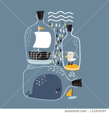 Marine print with whale, boat, seagull in bottles.Childish print for nursery, kids apparel,poster, postcard. Vector Illustration Marine print with whale, boat, seagull in bottles.Childish print for nursery, kids apparel,poster, postcard. Vector Illustration 112810547