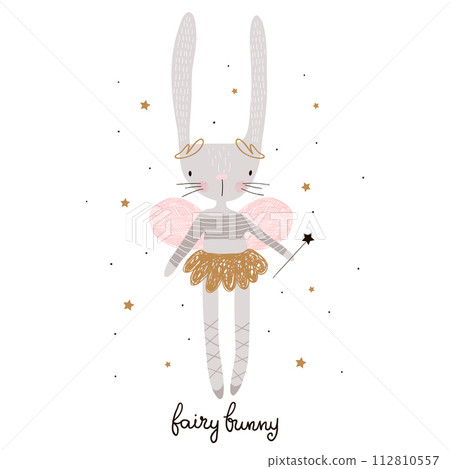 Cute cartoon bunny fairy. Rabbit bellerina with wings. Childish print for nursery, kids apparel,poster, postcard. Vector Illustration 112810557