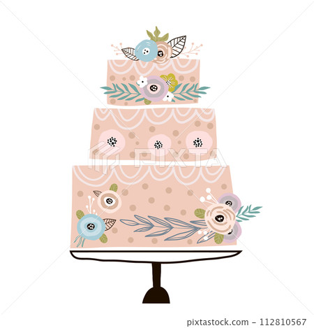 Floral cake with unusual flowers and branches on white background. It can be used for web banner,invitation,cards,apparel,home decor,fabric.Vector Illustration Floral cake with unusual flowers and branches on white background. It can be used for web banner,invitation,cards,apparel,home decor,fabric.Vector Illustration 112810567
