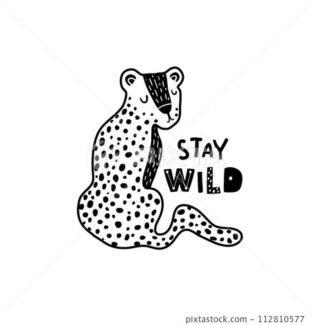 Cute hand drawn leopard in black and white style. Cartoon vector illustration in scandinavian style Cute hand drawn leopard in black and white style. Cartoon vector illustration in scandinavian style 112810577