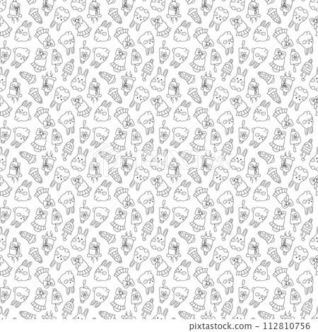 Seamless pattern with cute Easter bunnies and bells. Doodle vector illustration. 112810756