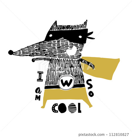 Cute hand drawn with ink wolf hero. Cartoon super hero bear vector illustration in scandinavian style Cute hand drawn with ink wolf hero. Cartoon super hero bear vector illustration in scandinavian style 112810827