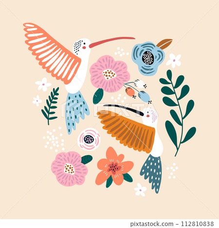 Creative hummingbirds with flowers. Spring and summer illustration. It can be used for greeting card, posters, apparel 112810838