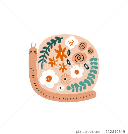 Cute floral snail print. Perfect for t-shirt, apparel, cards, poster, nursery decoration. Vector Illustration Cute floral snail print. Perfect for t-shirt, apparel, cards, poster, nursery decoration. Vector Illustration 112810849