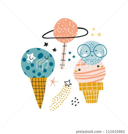 Creative set of funny ice cream planets. Space illustration. . Perfectly look on t-shirt, poster, nursery decoration, apparel design. Kids Vector Illustration Creative set of funny ice cream planets. Space illustration. . Perfectly look on t-shirt, poster, nursery decoration, apparel design. Kids Vector Illustration 112810862