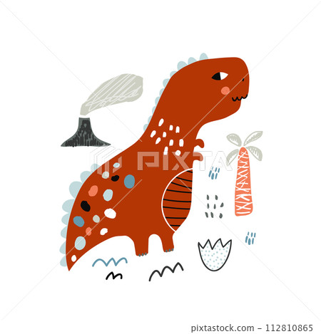 Cute hand drawn dinosaur. Cartoon baby t rex illustration in scandinavian style. Creative vector dino print Cute hand drawn dinosaur. Cartoon baby t rex illustration in scandinavian style. Creative vector dino print 112810865