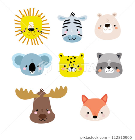 Set of cute cartoon animal faces. Lion, fox, bear, raccoon, moose, cheetach,zebra, koala heads. Ready.print for nursery,apparel,cards. Vector Illustration 112810900