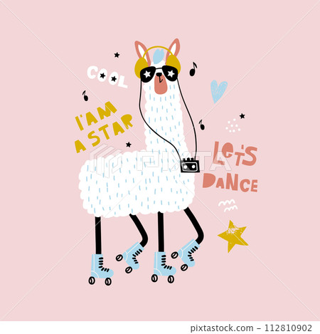 Funny Llama in glasses and roller skates. Childish print 80th for fabric, t-shirt, poster, card, baby shower. Vector Illustrtion 112810902