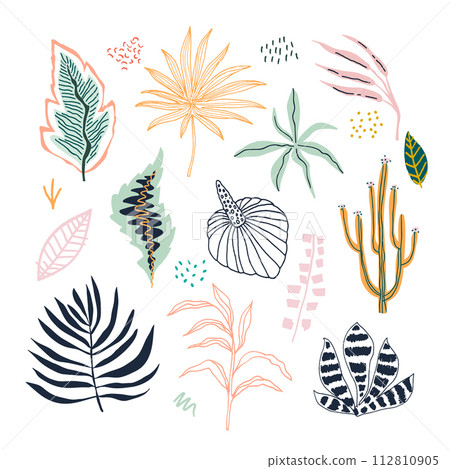 Tropical leaves jungle flat illustrations set. Jungle hand drawn clipart. Tropical foliage separate. Botanical floral collection. Vector illustration. Tropical leaves jungle flat illustrations set. Jungle hand drawn clipart. Tropical foliage separate. Botanical floral collection. Vector illustration. 112810905