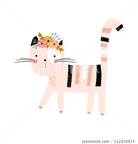 Cute hand drawn cat with floral wreath on head. Cartoon vector illustration in scandinavian style. Ready design for greeting card, posters, apparel Cute hand drawn cat with floral wreath on head. Cartoon vector illustration in scandinavian style. Ready design for greeting card, posters, apparel 112810913